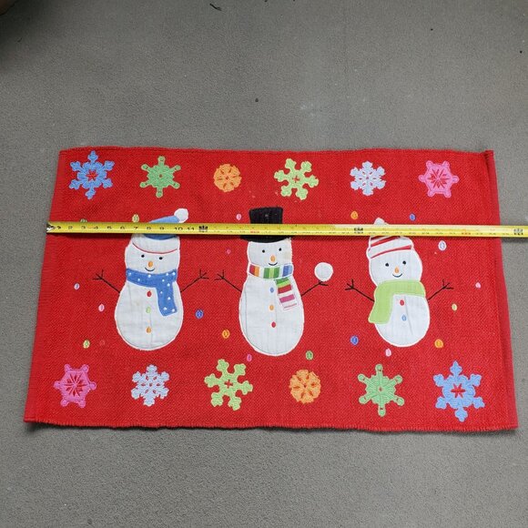 Festive Red Indoor Christmas Rug With Snowman Design And Colorful Snowflakes - Picture 2 of 16
